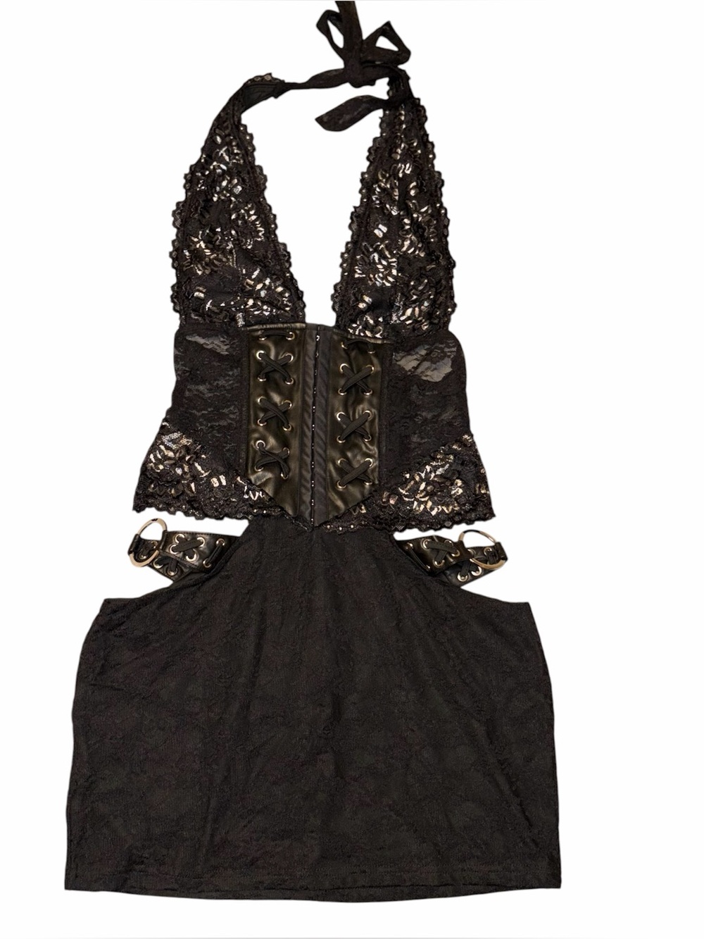 Outcast Clothing Halo Mini Dress Black Lace, Leather, Halter